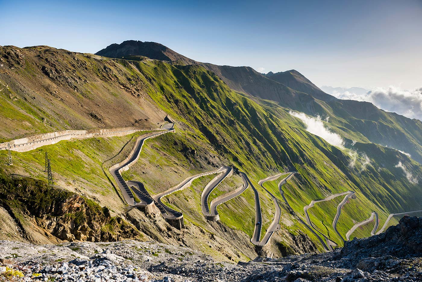 Stelvio Pass mountain pass and driving road in Italy